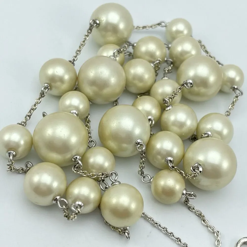 Stunning Vintage Glass Pearl Chain Necklace Silver Tone Statement Bridal Cute